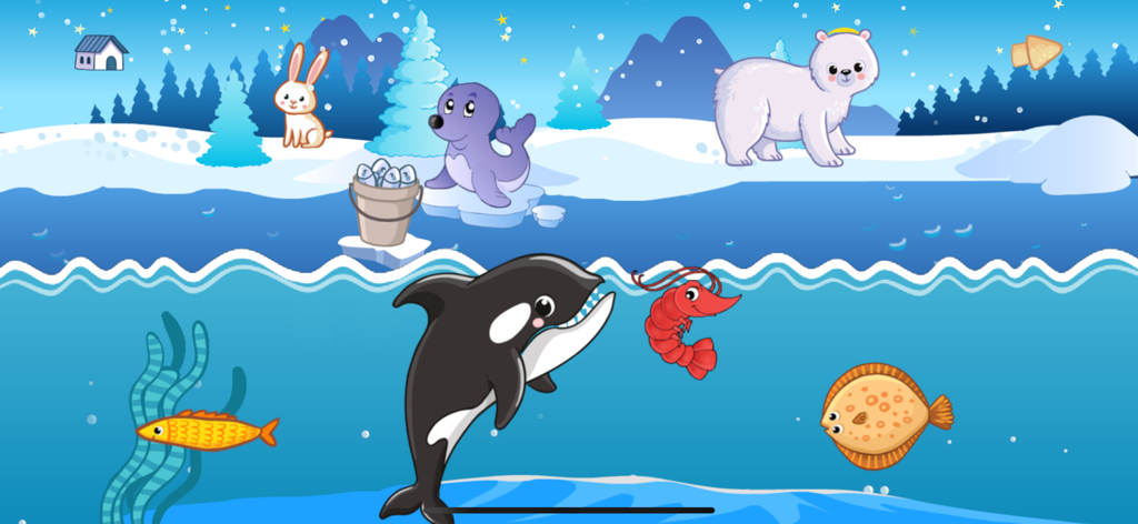 FISH sea animal puzzle games - Cartoon Northern Ocean scene with an orca polar bear and seal from the fish puzzle game