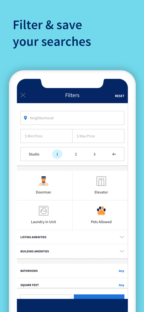 StreetEasy mobile app interface showing real estate search filters for NYC apartments including amenities and price range