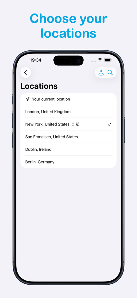 Sunrise Sunset: Times & Alarms - Bildschirm einer mobilen App mit einer Liste gespeicherter Standorte zur Verfolgung von Sonnenauf- und -untergangszeiten