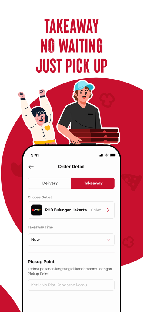 Écran de commande à emporter de l'application mobile Pizza Hut Indonesia avec des options de points de retrait et de sélection de magasin.