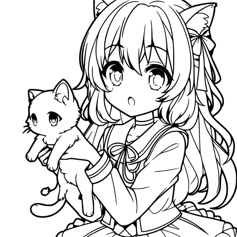 an anime girl holding a kitten