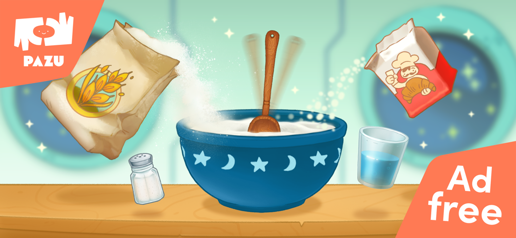 Pizza Maker 2 - Una escena de dibujos animados de la aplicación Pizza Maker 2 que muestra harina y levadura agregándose a un bol mezclador azul con una etiqueta de "sin anuncios".