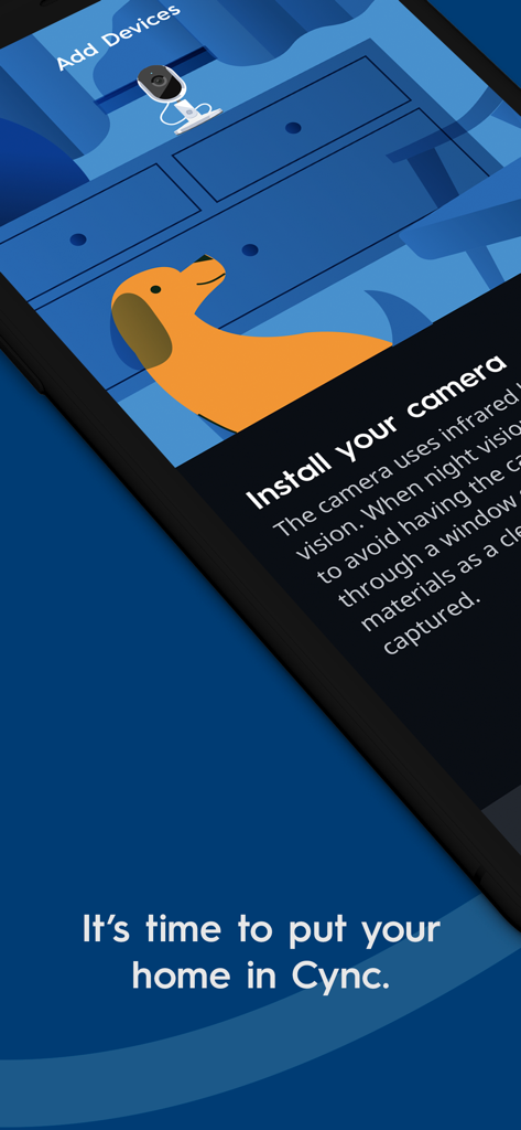 Cync (the new name of C by GE) - Cync app screen showing indoor smart camera installation instructions with a dog illustration