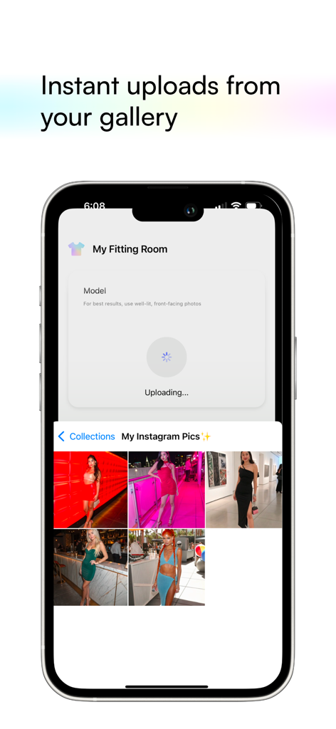 Mobile interface of My Fitting Room app showing a user uploading photos from their gallery for an AI virtual try-on.