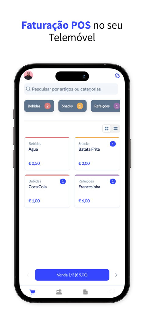 Interface da app de faturação POS móvel Cegid Vendus num smartphone