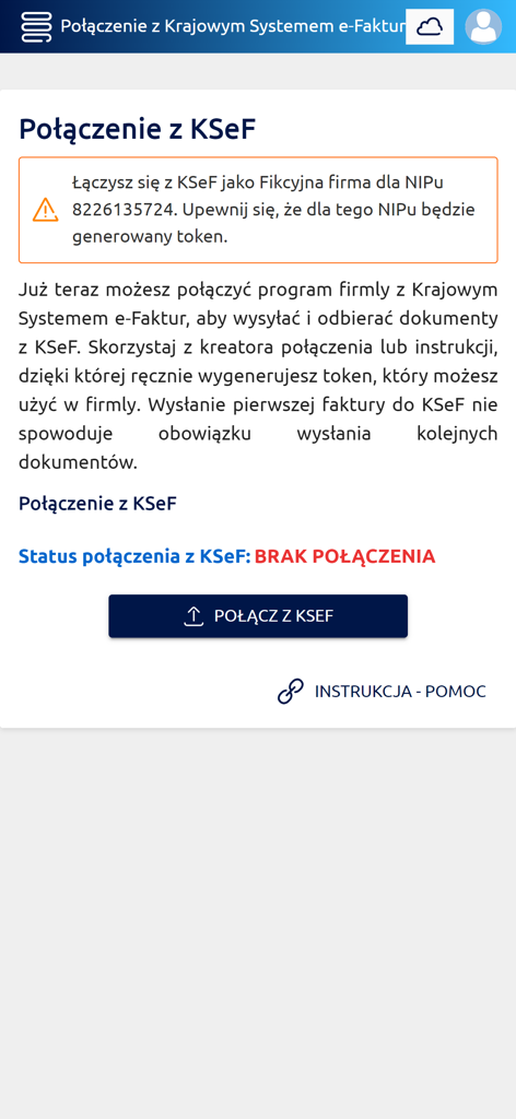 firmly - Tela de conexão para o sistema polonês de faturação eletrônica KSeF dentro do aplicativo móvel firmly.