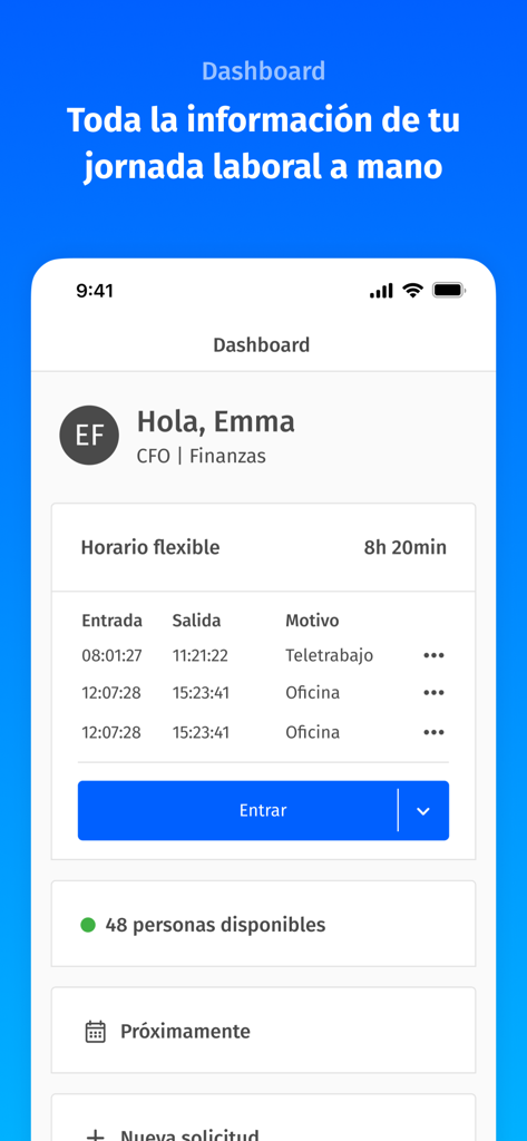 Woffu - Time management - Vista del panel de control de la aplicación Woffu que muestra las horas de trabajo de los empleados y los registros de fichaje