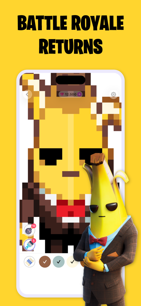 Pixelnite for Fortnite - Pixelnite app showing color by number pixel art of the Agent Peely skin from Fortnite