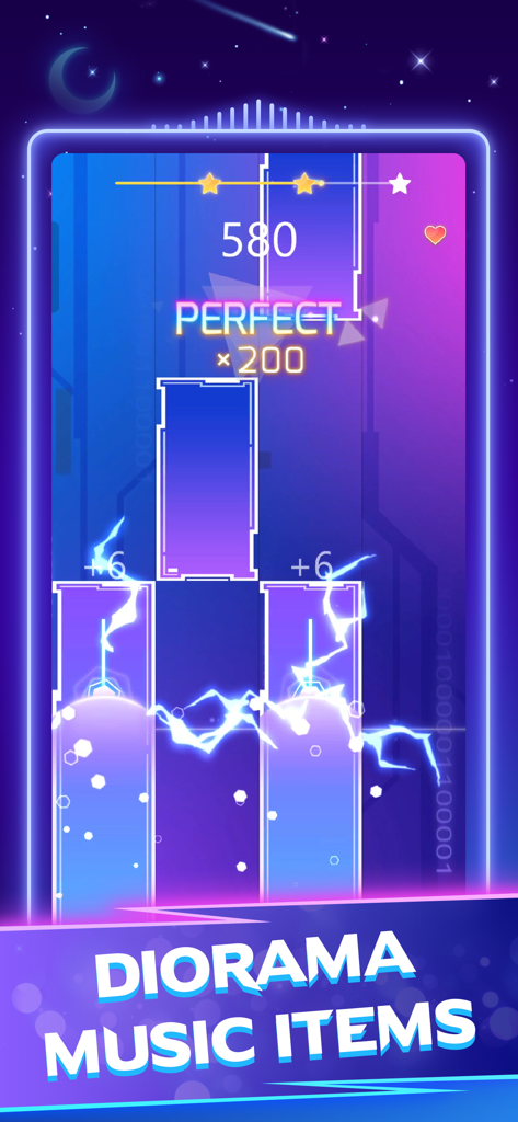 Gameplay screenshot of Piano Star featuring glowing neon tiles and a perfect score streak.