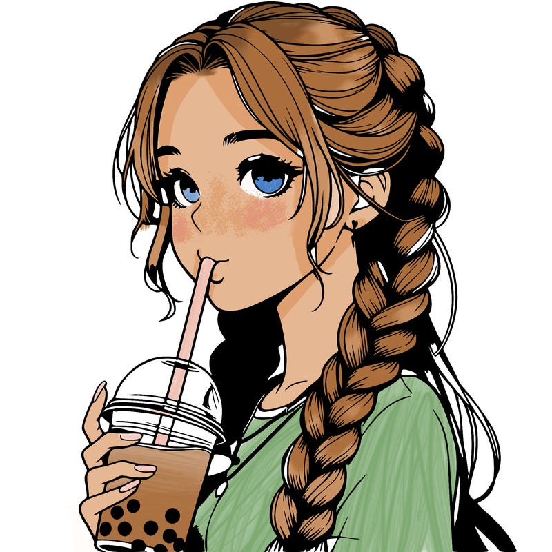 realistic girl with braided hair drinking boba