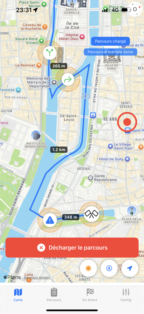 Canoe Kayak - A map view in the Canoe Kayak app displaying a paddle route with safety alerts and obstacle markers