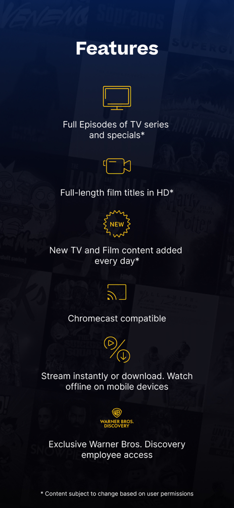 WBD Screeners - A list of features for the WBD Screeners app including HD films offline viewing and exclusive access