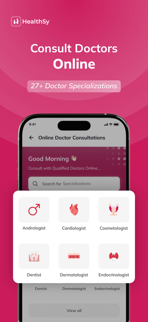 HealthSy-Online Healthcare App - HealthSy app screen featuring 27 plus doctor specializations for online consultation