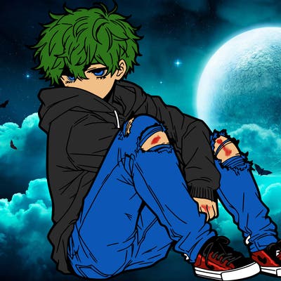 a male hoddie ripped jeans messy hair anime