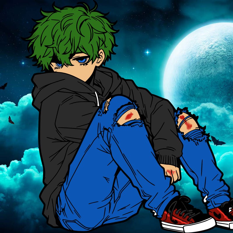 a male hoddie ripped jeans messy hair anime