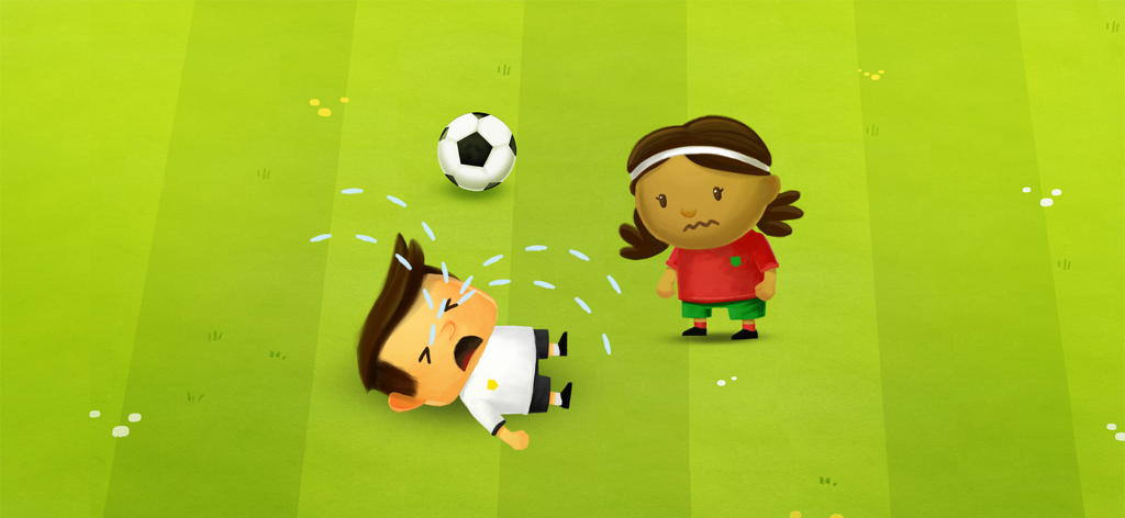 Fiete Soccer for kids 5+ - Un joueur de football en dessin animé à main levée pleurant sur le terrain après une faute, un autre joueur regardant