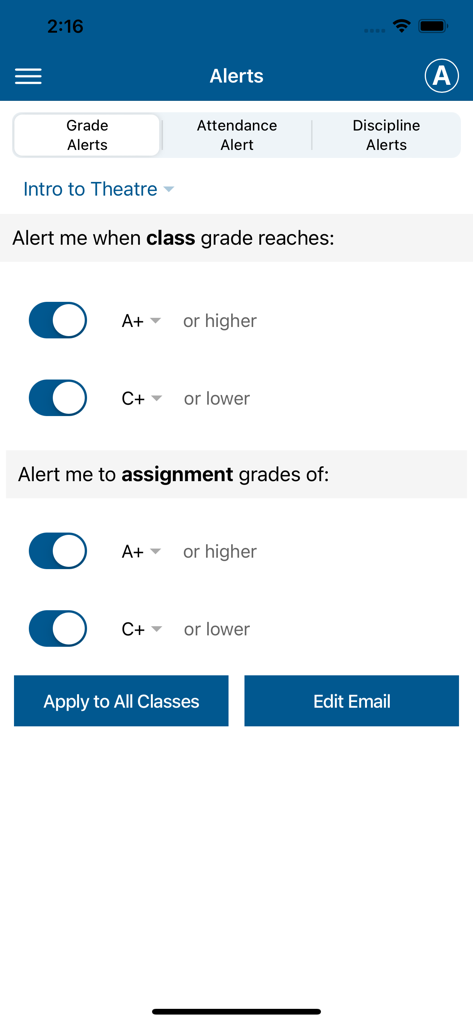 Gradelink Student/Parent App - Gradelink app screen showing settings for class and assignment grade alerts.