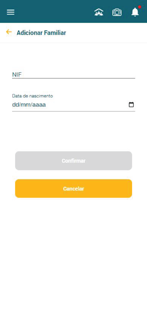 Interface pour ajouter un membre de la famille dans l'application Trofa Saúde 24, incluant les champs d'identification fiscale et de date de naissance