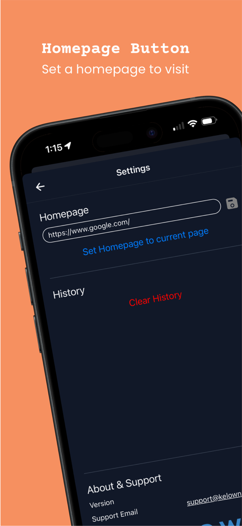 FKeys + Tab - Settings screen in the FKeys plus Tab app for configuring a custom browser homepage