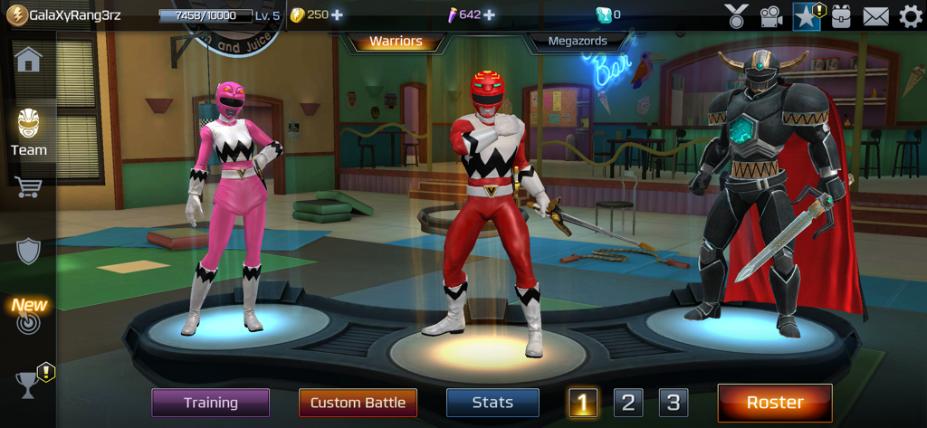 Team selection screen in Power Rangers Legacy Wars featuring Pink Ranger, Red Ranger, and Magna Defender in the juice bar gym.