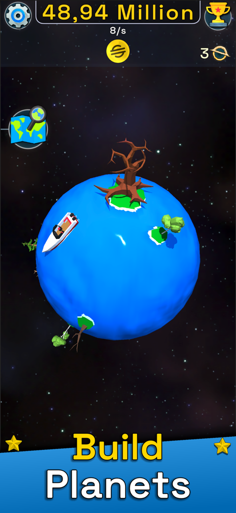 Planet Evolution: Idle Clicker - Pianeta blu con alberi e una barca in Planet Evolution Idle Clicker