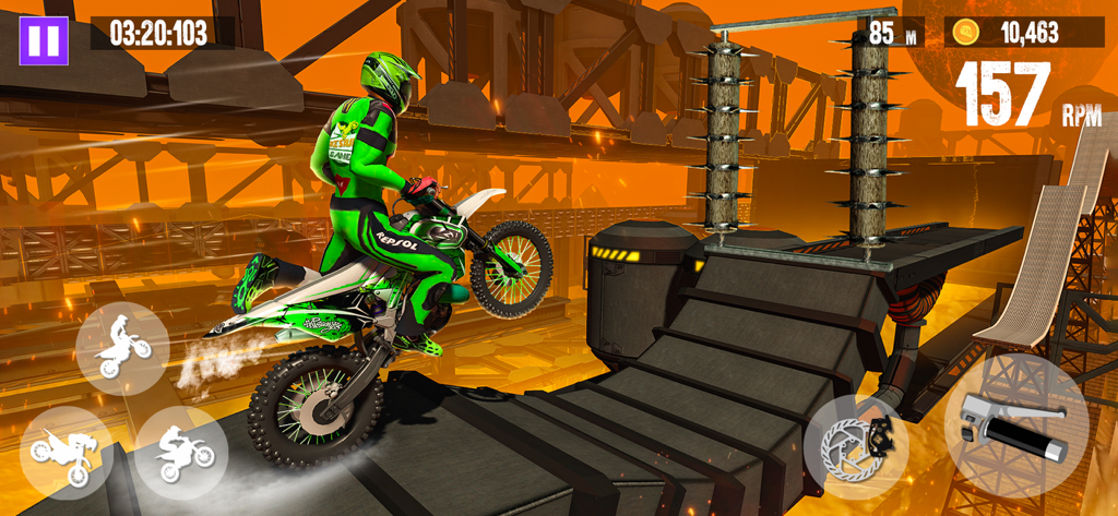 Bike Racing - Motorcycle Games - A motorcycle rider in a green suit performing a jump on a challenging industrial stunt track.