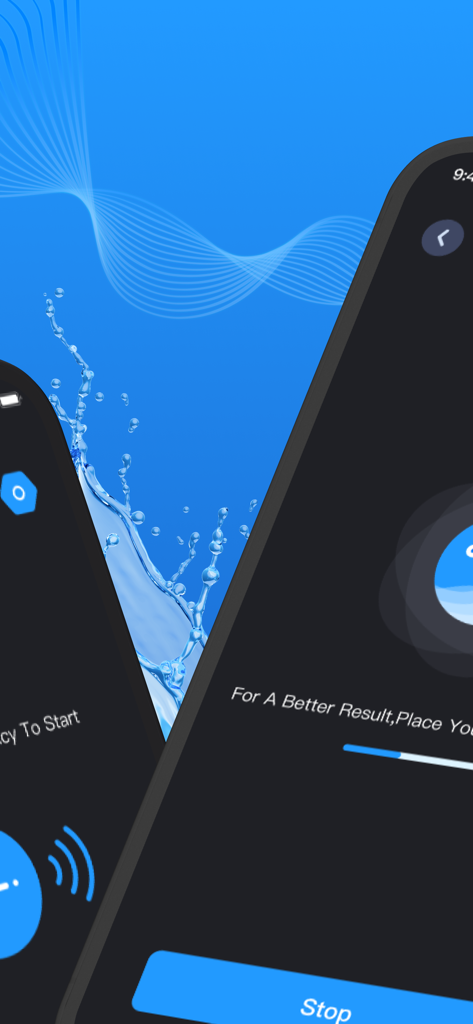 Clear Sound: Speaker Cleaner - Interfaz de la aplicación Clear Sound Speaker Cleaner que muestra herramientas de eliminación de agua y controles de frecuencia