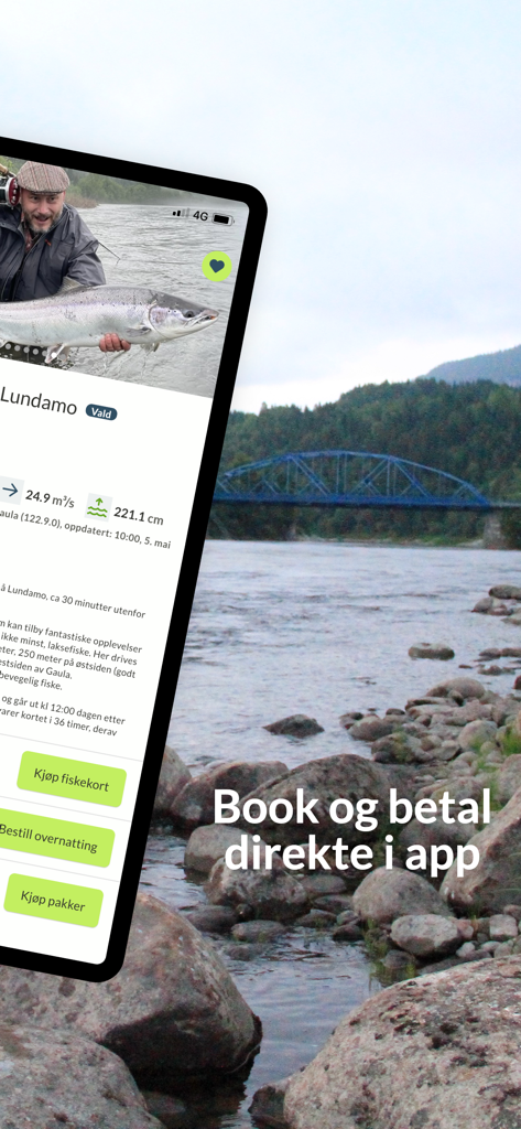 Elveguiden app interface showing river data and booking options for salmon fishing in Norway