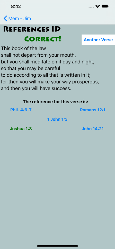 NavsTMS - A screenshot of the NavsTMS app showing a Bible verse from Joshua 1:8 in the References ID game with a correct answer message