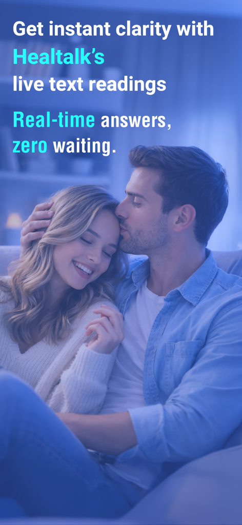 HealTalk - Text Reading - A happy couple in an embrace with text promoting HealTalk's live text readings for instant clarity.