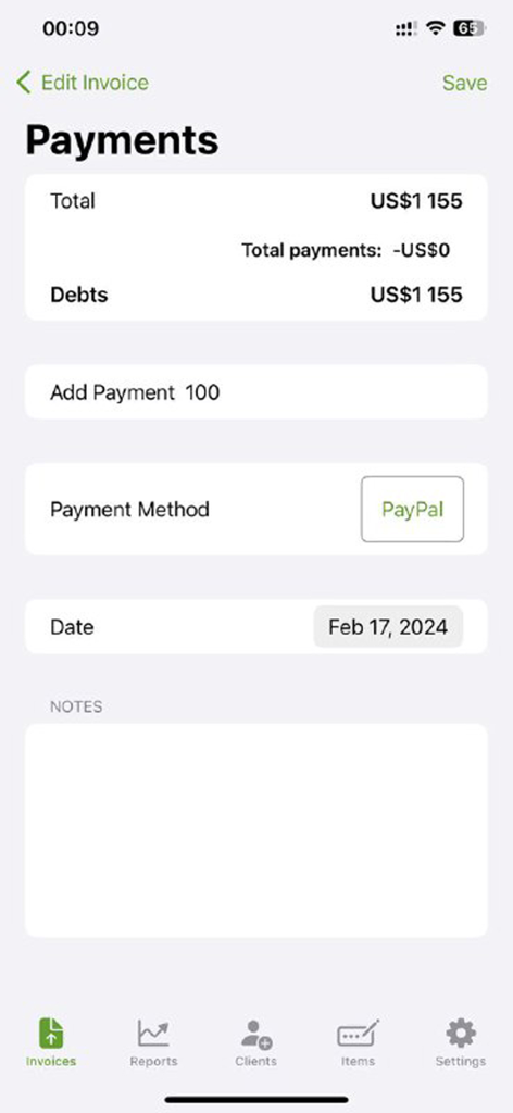 Invoice Pro Maker: PDF Billing - Payment tracking interface showing invoice total and payment methods in the app