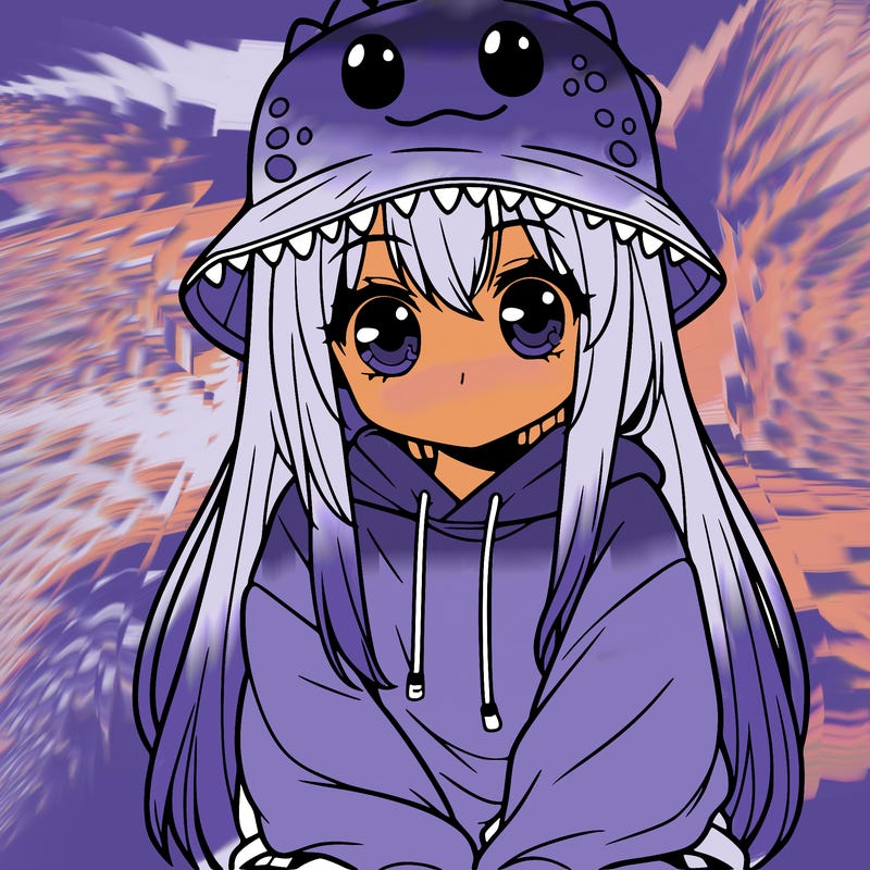 girl with anime shaped eyes with a dinosaur bucket hat oversized sweatshirt long straight hair