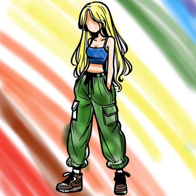 girl in baggy pants crop top and long hair