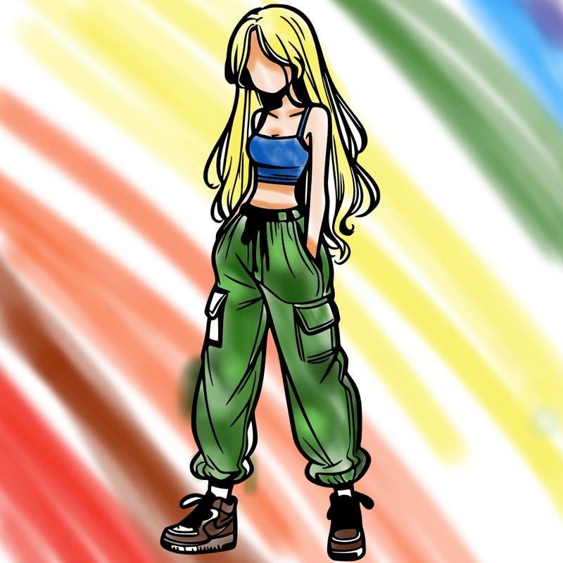 girl in baggy pants crop top and long hair