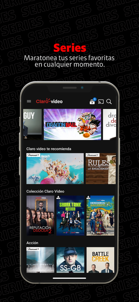 Claro video - ドラマや映画のおすすめの幅広いカタログを表示するクラロビデオモバイルアプリのインターフェース