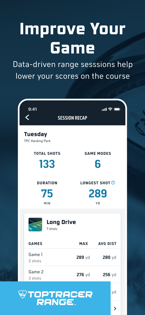 Toptracer Range - Screenshot dell'app Toptracer Range che mostra le statistiche della sessione di golf, inclusi colpi totali, durata e distanza del drive più lungo.