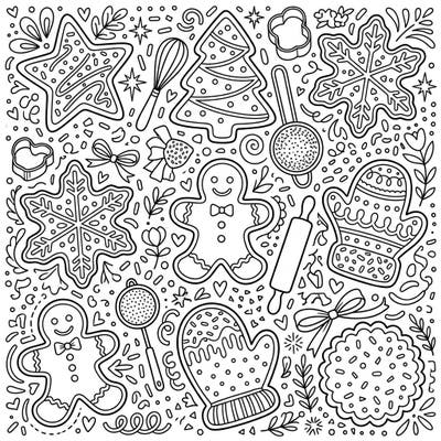 Get ready for a delightful baking adventure with this intricate sugar cookies coloring page. Immerse yourself in a full scene featuring festive treats and charming baking accessories, perfect for bringing sweet hues to life.