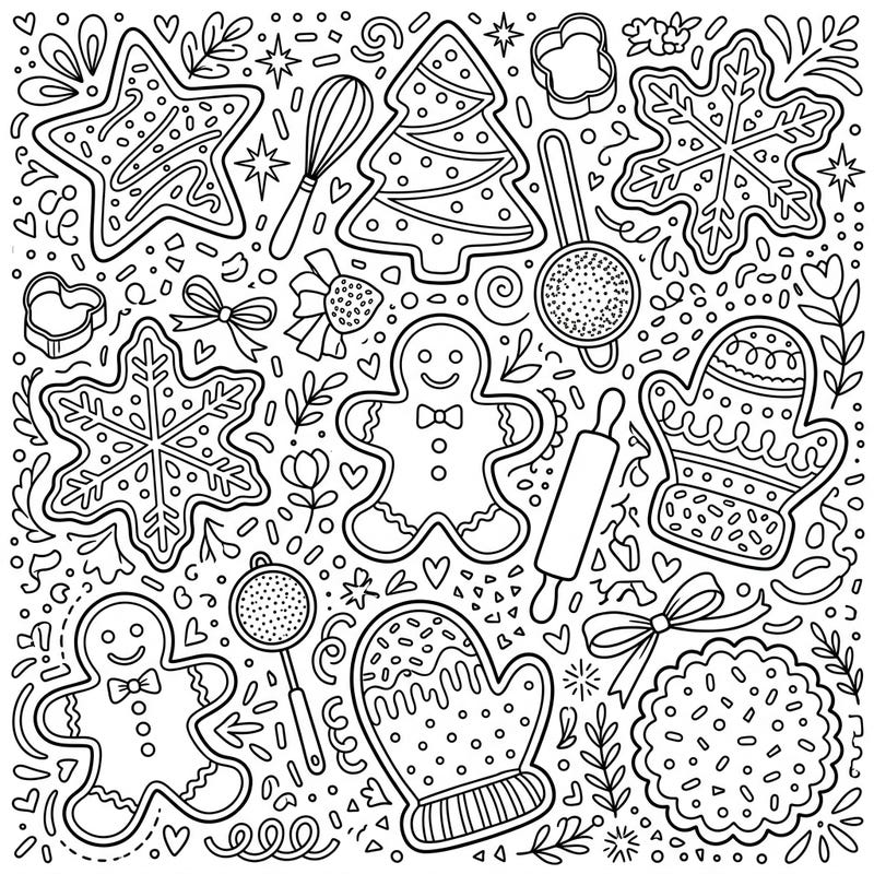 Get ready for a delightful baking adventure with this intricate sugar cookies coloring page. Immerse yourself in a full scene featuring festive treats and charming baking accessories, perfect for bringing sweet hues to life.