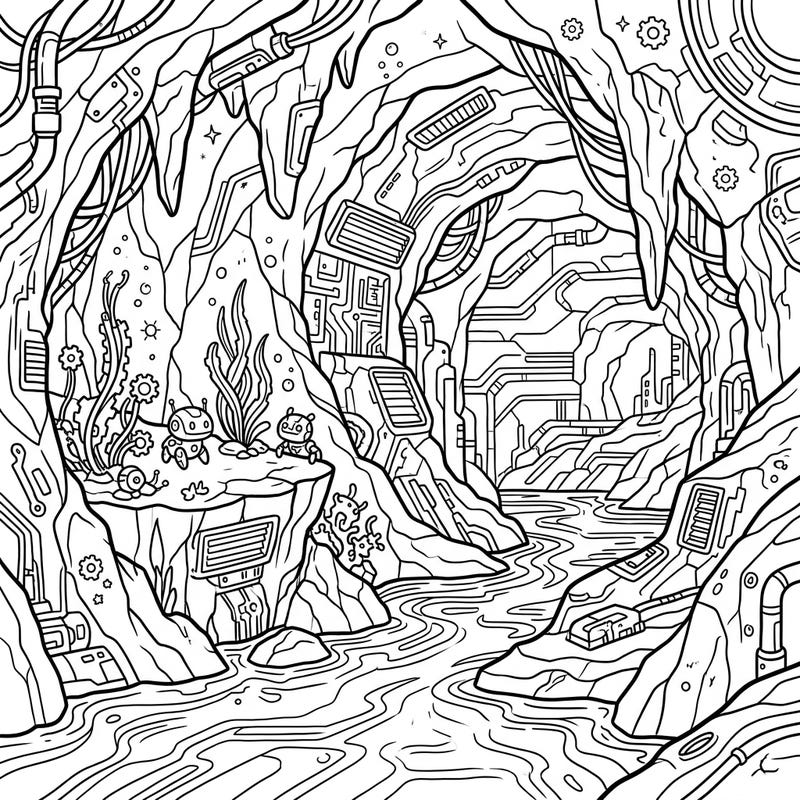 Get ready for an epic coloring journey into a world where ancient sea caves meet futuristic cyberpunk technology. This exciting page is perfect for kids eager to bring a vibrant new dimension to robots, techy rocks, and glowing underwater scenes.
