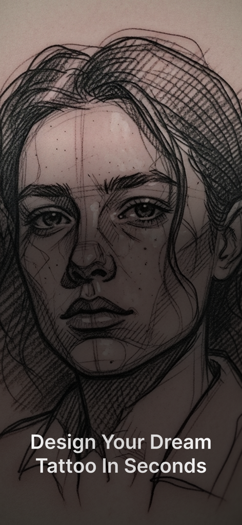 Inko - AI Tattoo Generator - Detailed sketch style portrait tattoo design of a woman face with text Design Your Dream Tattoo In Seconds