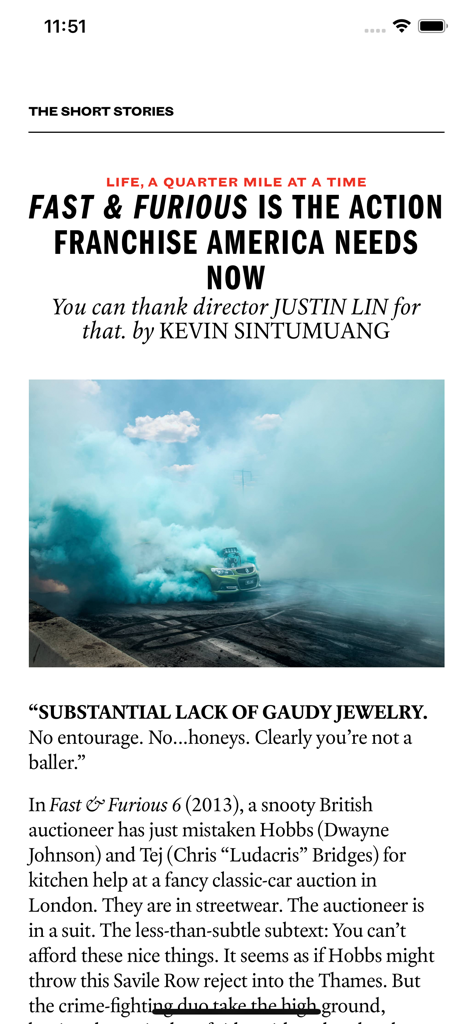 Pantalla de la aplicación Esquire Magazine que muestra un artículo destacado sobre la franquicia de películas Fast and Furious