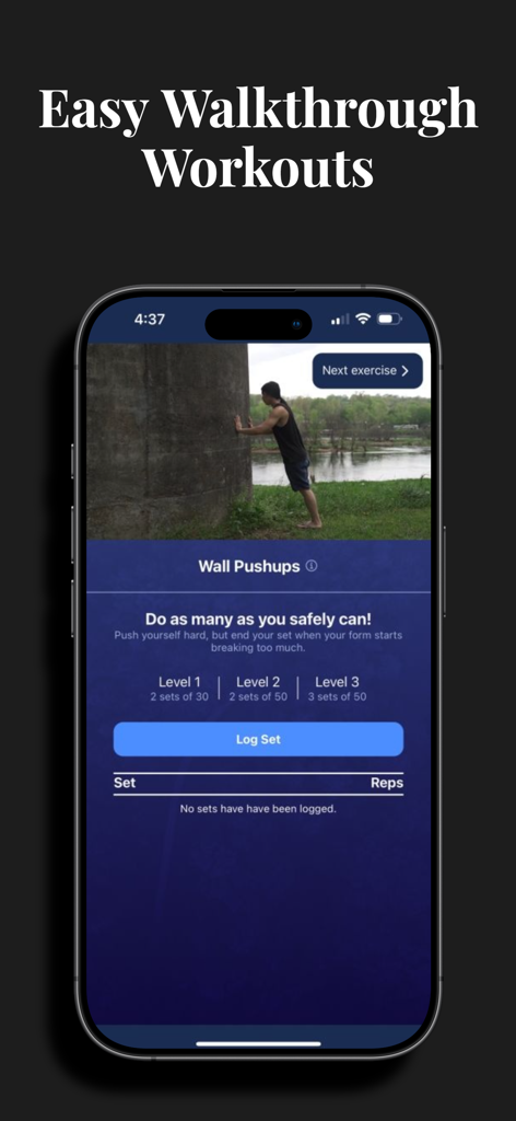 Hybrid Calisthenics app interface showing a wall pushups workout with exercise levels and logging options.
