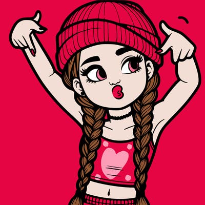 realistic teenage girl with braids and a beanie and crop top doing 🫶🏼