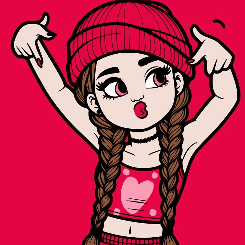realistic teenage girl with braids and a beanie and crop top doing 🫶🏼
