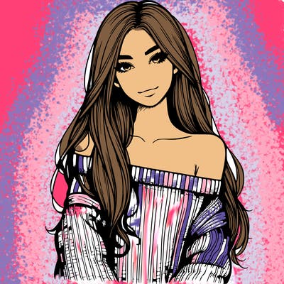 realistic girl with long hair wearing an off the shoulder sweater