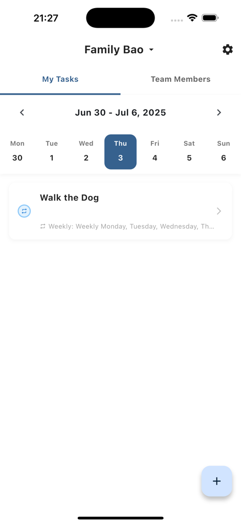Task Management for Teams - Mobile app screen showing a daily task list and weekly calendar for team or family organization.