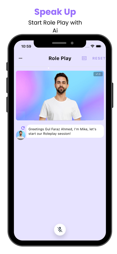 Speak-Up App - Speak-Up app mobile screen showing an interactive AI roleplay session with a virtual tutor avatar