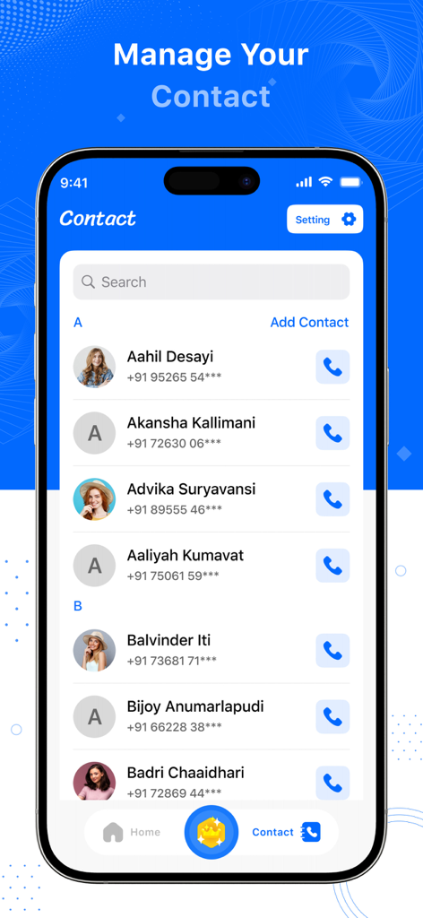Caller App : Block & Caller ID - Contact list interface with profile photos and search bar