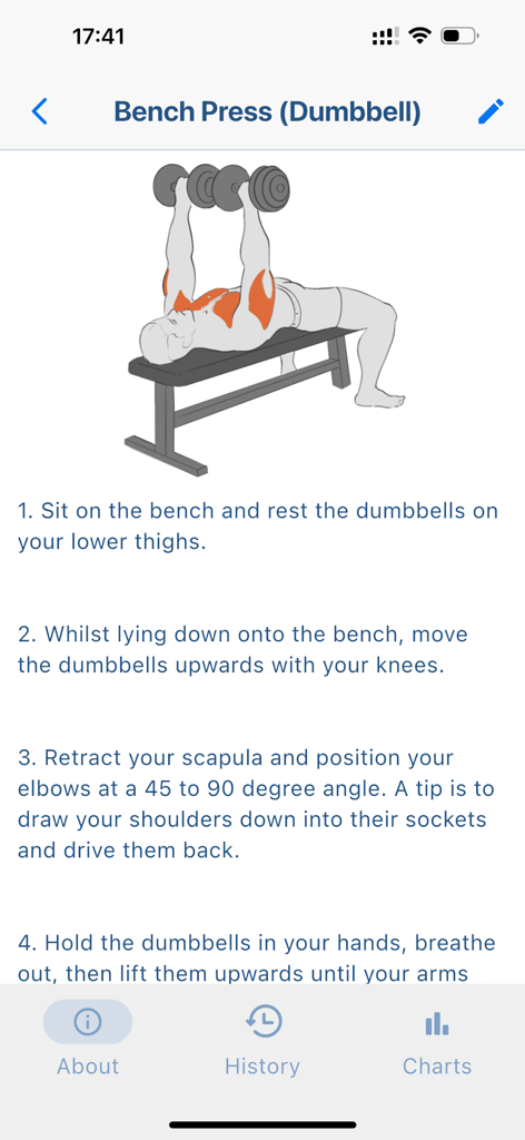 Smart Gym Workout Tracker - Guia de exercício de supino com halteres com instruções passo a passo e ilustração muscular.