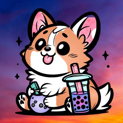 corgi drinking boba tea